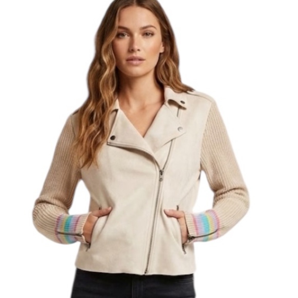 Fate Women's Ivory Faux Suede Jacket L Neutral Knit Sleeves Zip Pockets​